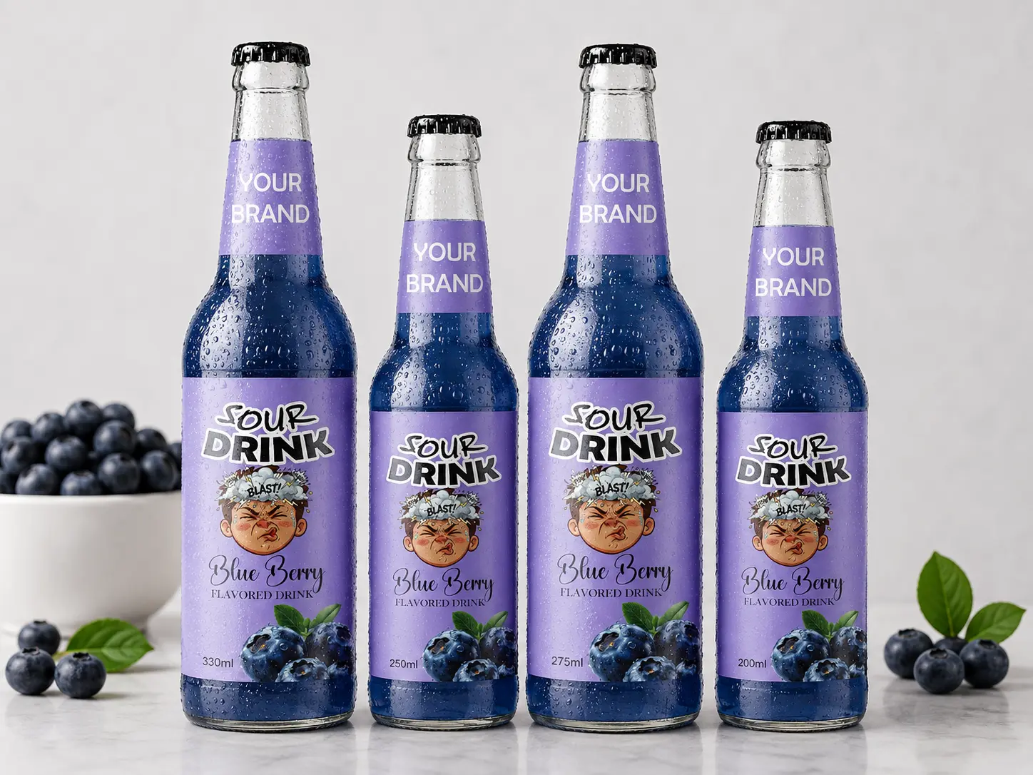 SOUR DRINK Blue Berry Flavored Drink in 330ml, 250ml, 275ml, and 200ml glass bottles.